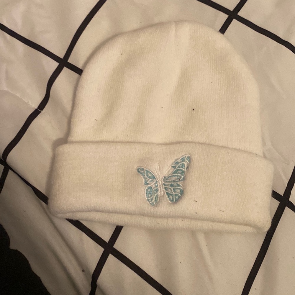 Blue and white beanie